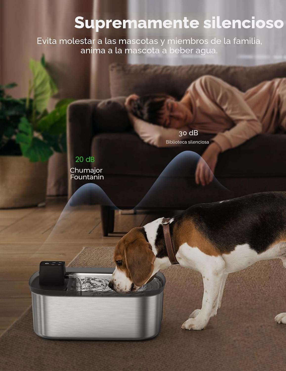 Fuente de agua hibrida inalambrica de acero inoxidable 7.5 litros para perros grandes con sensor de movimiento y flujo silencioso.