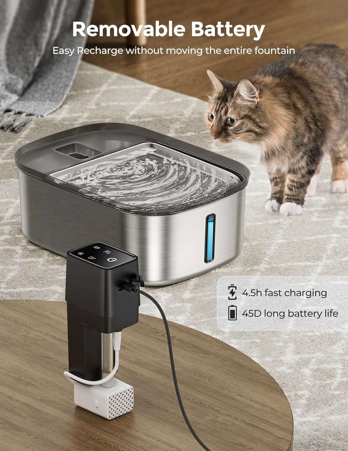 Fuente de agua hibrida inalambrica de acero inoxidable 7.5 litros para perros grandes con sensor de movimiento y flujo silencioso.