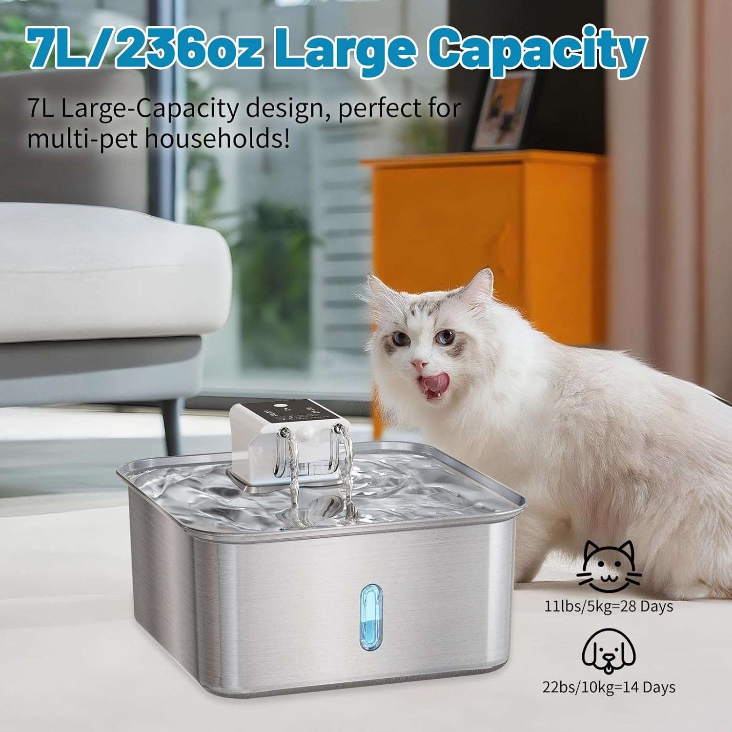 Fuente de Agua Inalambrica Acero Inoxidable 7 Litros Perros Grandes Sensor y Bateria - Imagen 4