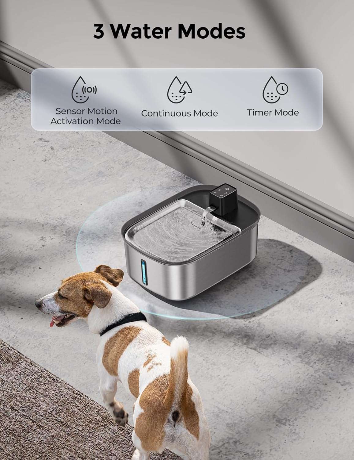 Fuente de agua hibrida inalambrica de acero inoxidable 7.5 litros para perros grandes con sensor de movimiento y flujo silencioso.