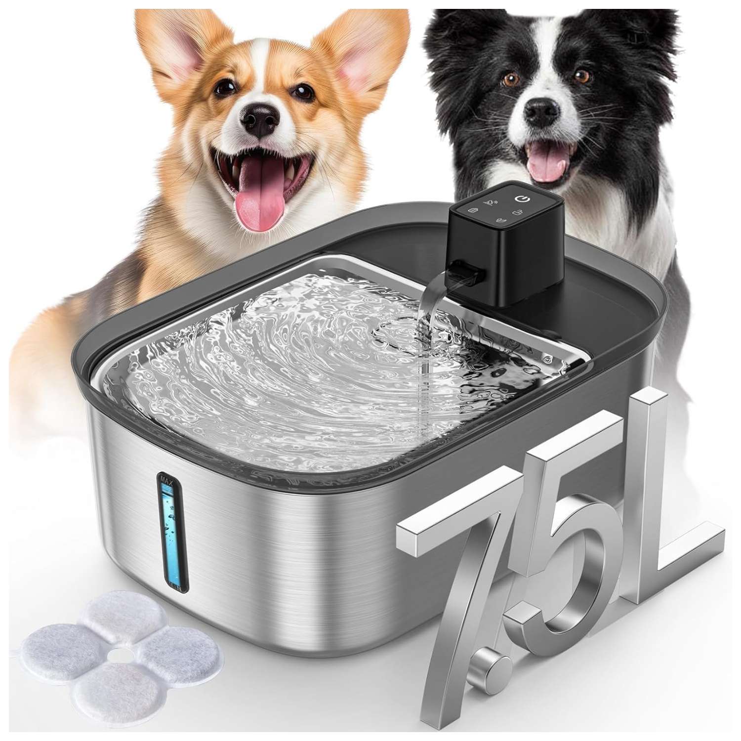Fuente de agua hibrida inalambrica de acero inoxidable 7.5 litros para perros grandes con sensor de movimiento y flujo silencioso.
