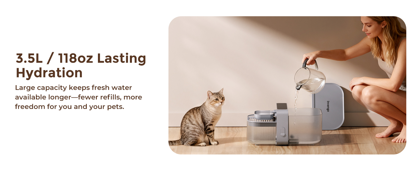 Fuente de agua inalambrica sin filtros de 3.5 litros acero inoxidable que separa el agua sucia de la limpia para perros y gatos.