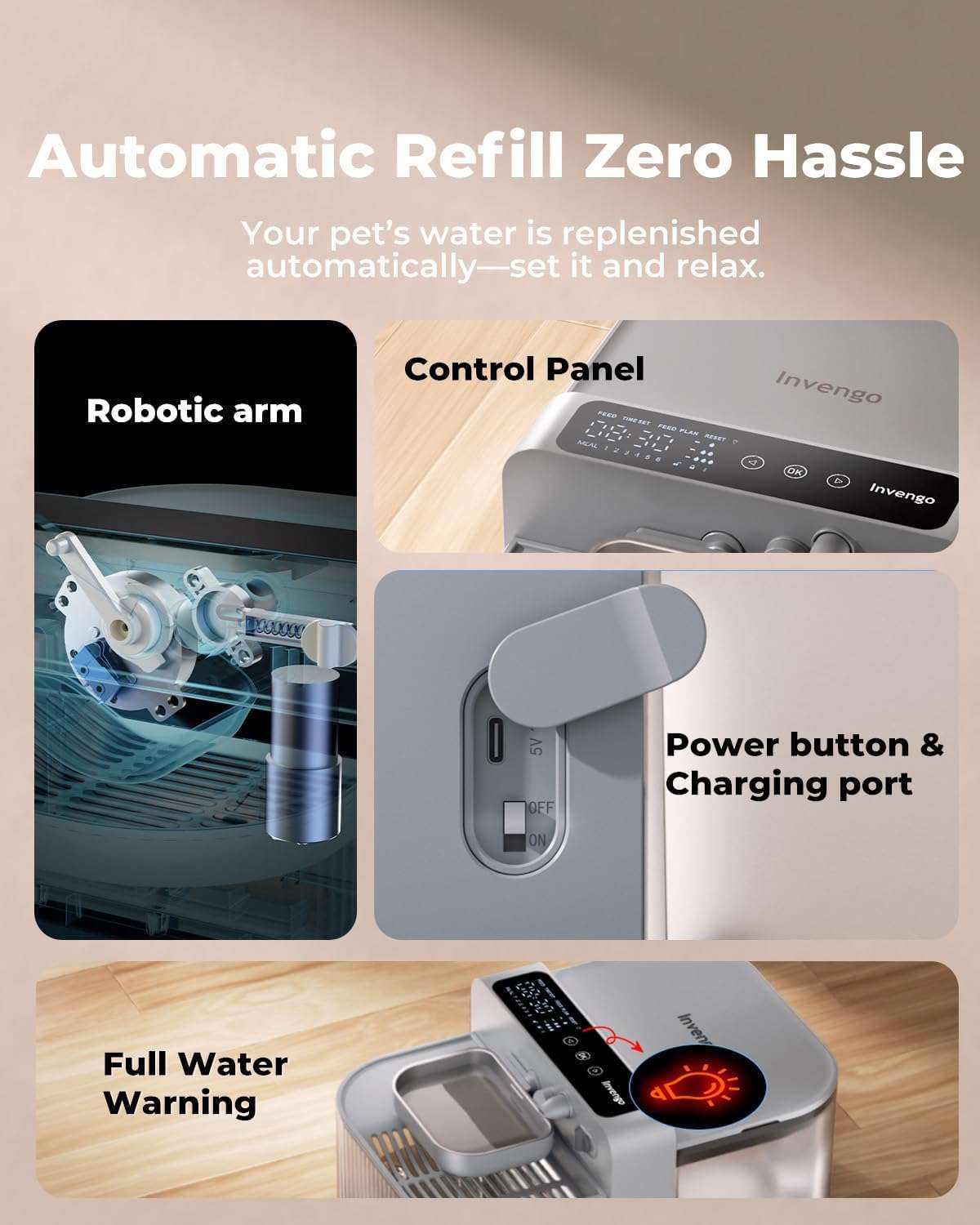 Fuente de agua inalambrica sin filtros de 3.5 litros acero inoxidable que separa el agua sucia de la limpia para perros y gatos.