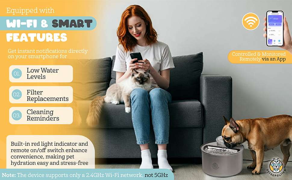 Fuente de agua inteligente WiFi de acero inoxidable 3.5 litros para gatos con control por App y flujo tipo cascada.