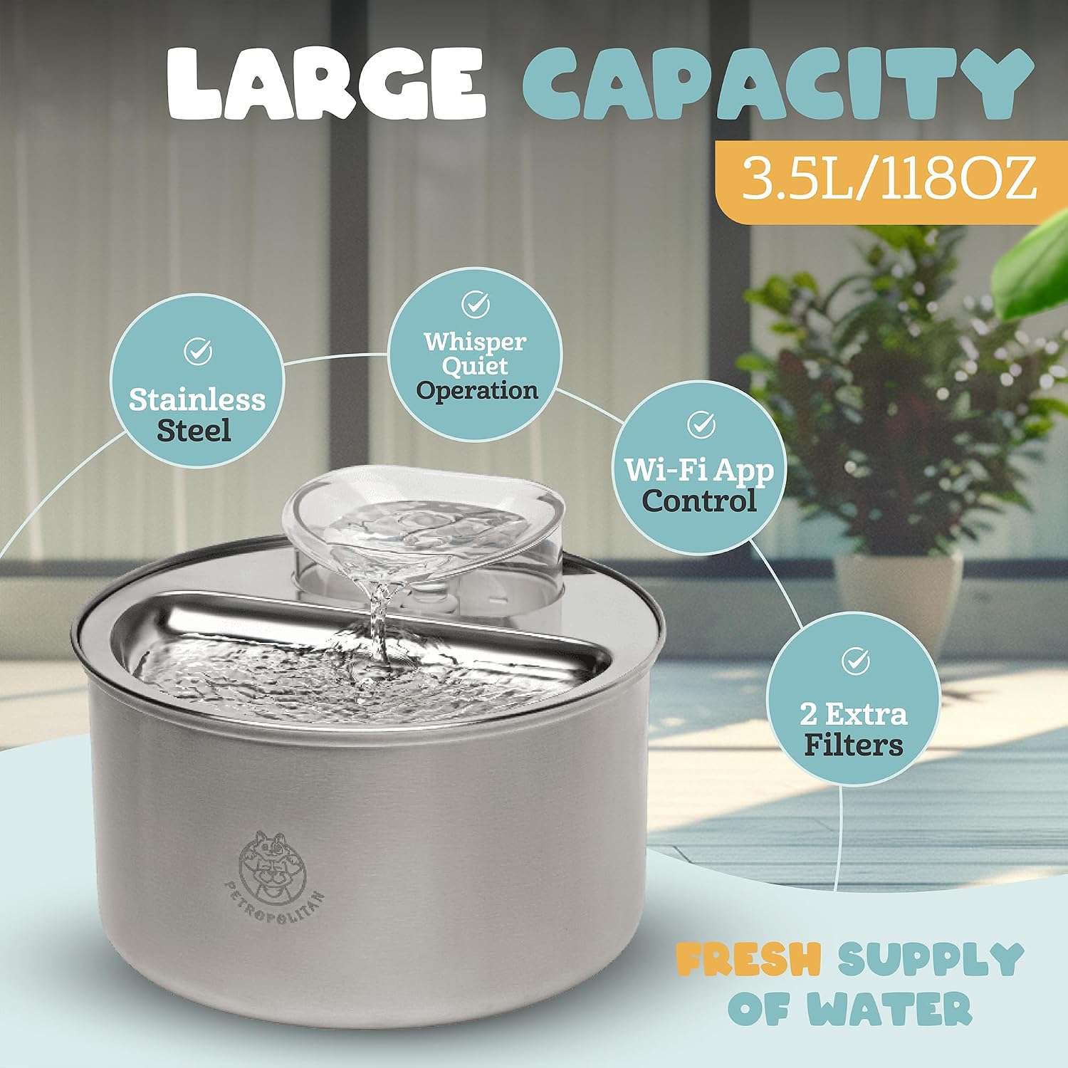 Fuente de agua inteligente WiFi de acero inoxidable 3.5 litros para gatos con control por App y flujo tipo cascada.
