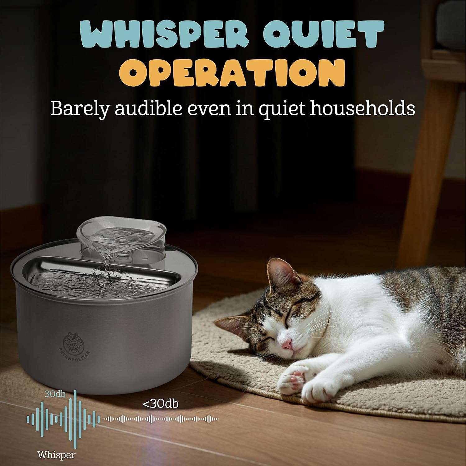 Fuente de agua inteligente WiFi de acero inoxidable 3.5 litros para gatos con control por App y flujo tipo cascada.