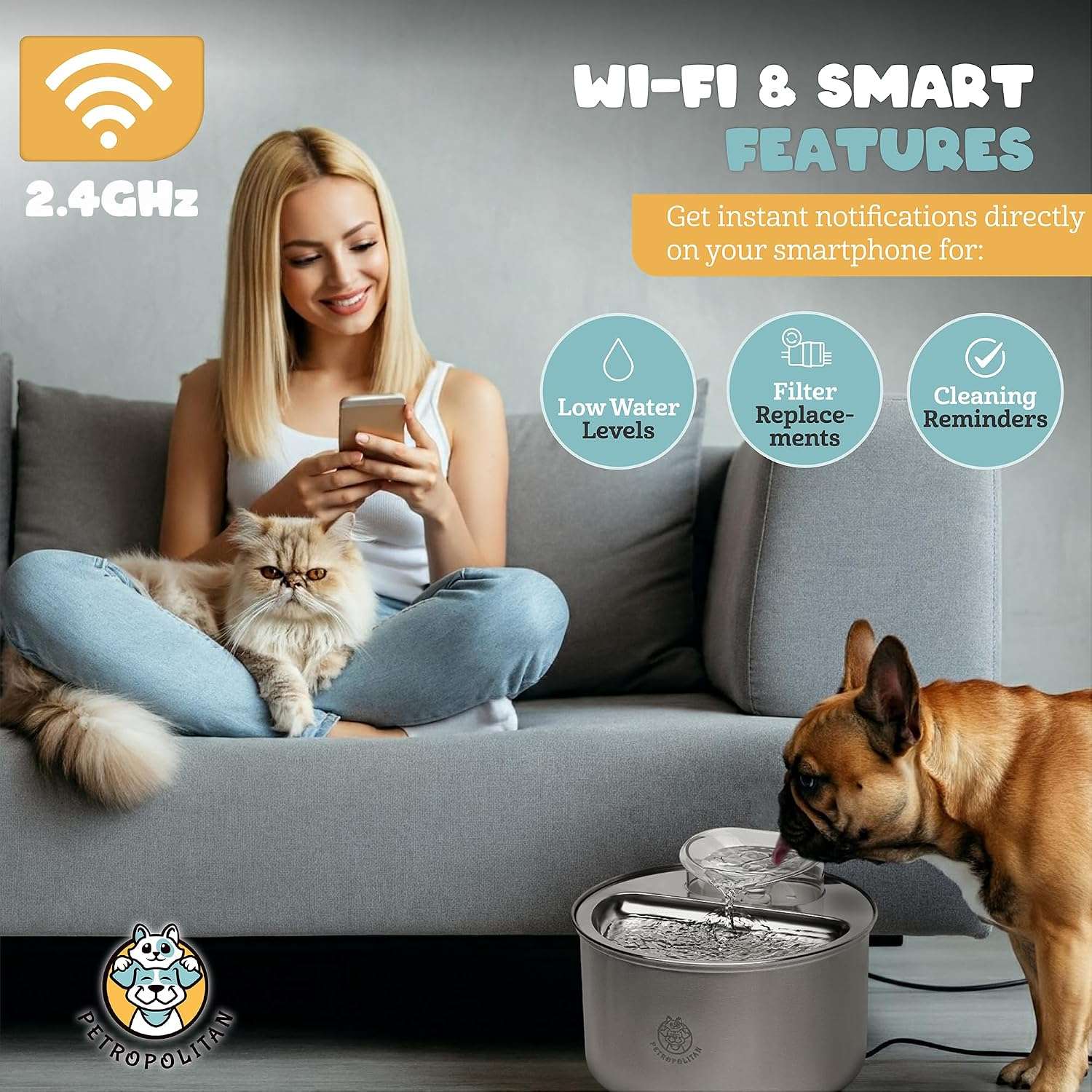 Fuente de agua inteligente WiFi de acero inoxidable 3.5 litros para gatos con control por App y flujo tipo cascada.