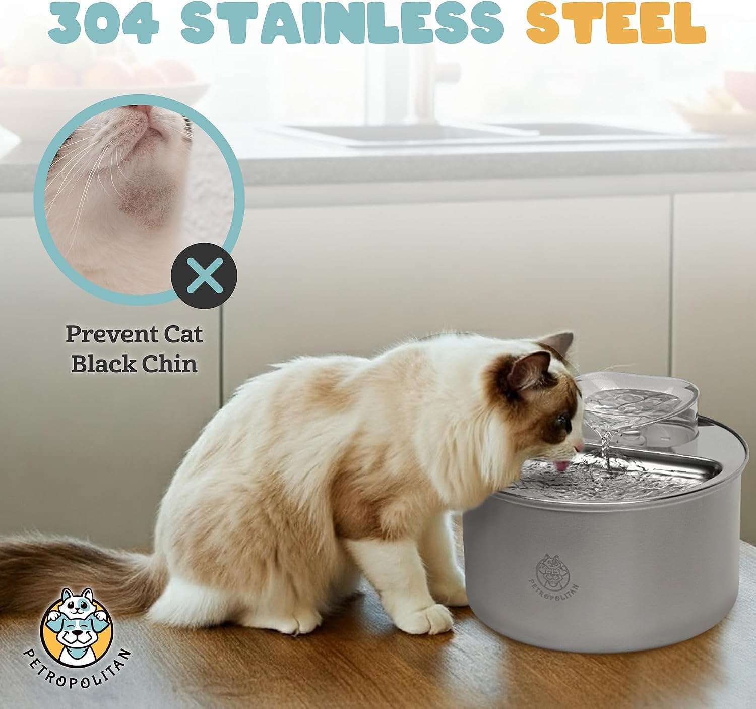 Fuente de agua inteligente WiFi de acero inoxidable 3.5 litros para gatos con control por App y flujo tipo cascada.