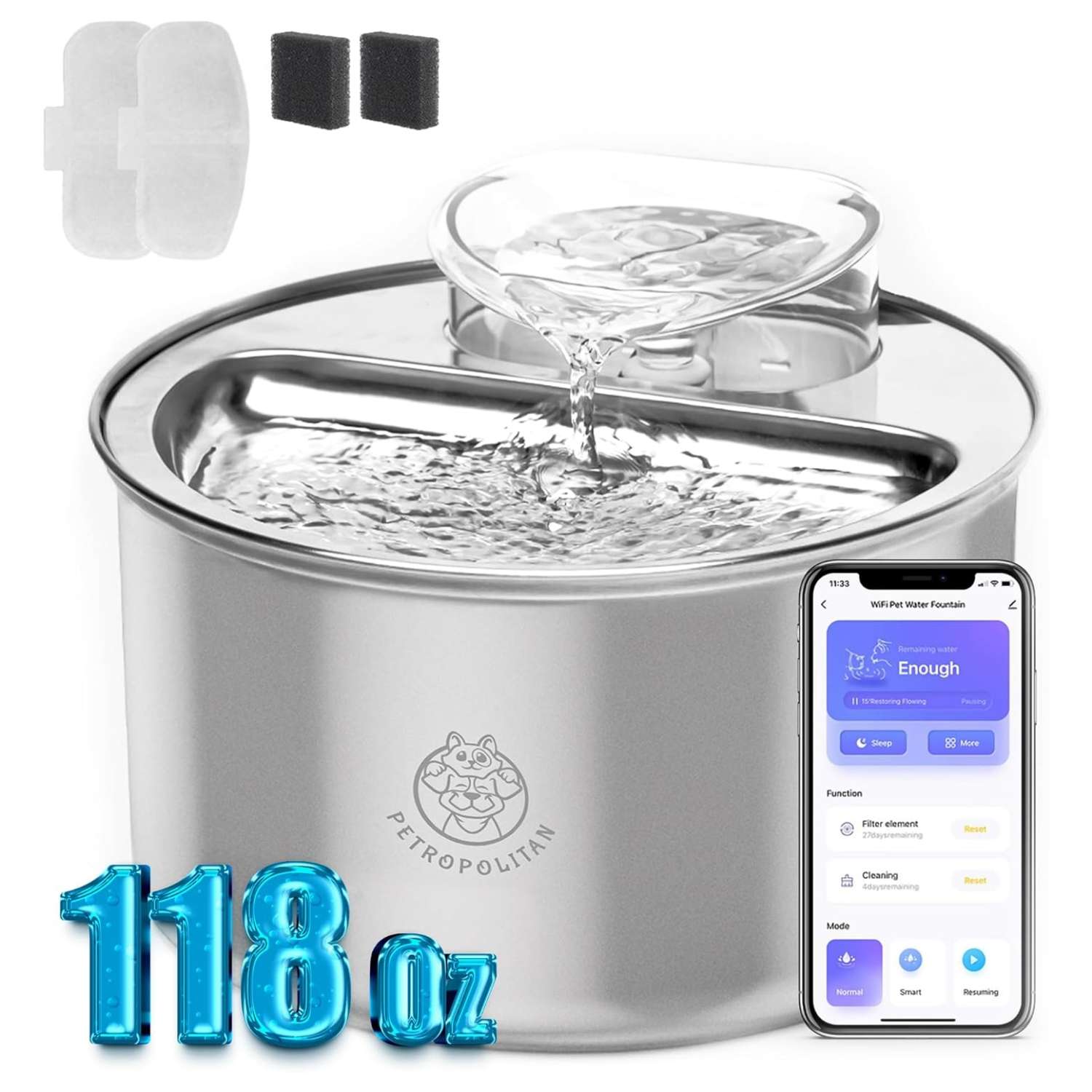 Fuente de agua inteligente WiFi de acero inoxidable 3.5 litros para gatos con control por App y flujo tipo cascada.