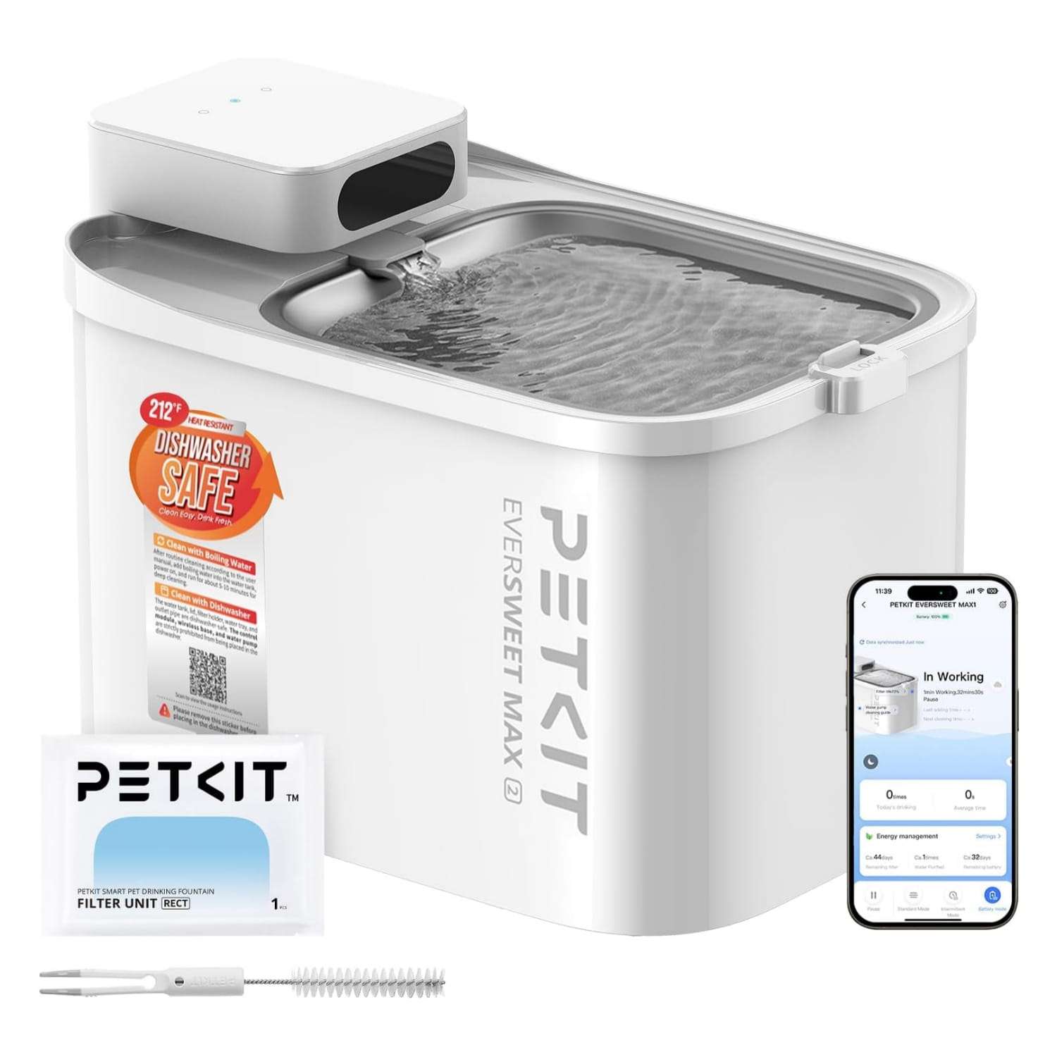 Fuente de agua inteligente blanca de 3 litros con conexion WiFi control por App y bateria recargable para gatos y perros.