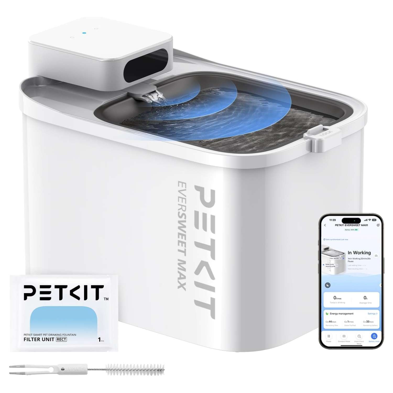 Fuente de agua inteligente blanca de 3 litros con conexion WiFi control por App y bateria recargable para gatos y perros.