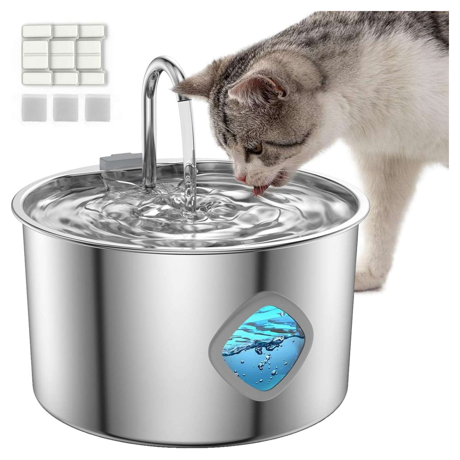 Fuente de agua tipo grifo de 3.2 litros en acero inoxidable con ventana de nivel visible para gatos y perros.