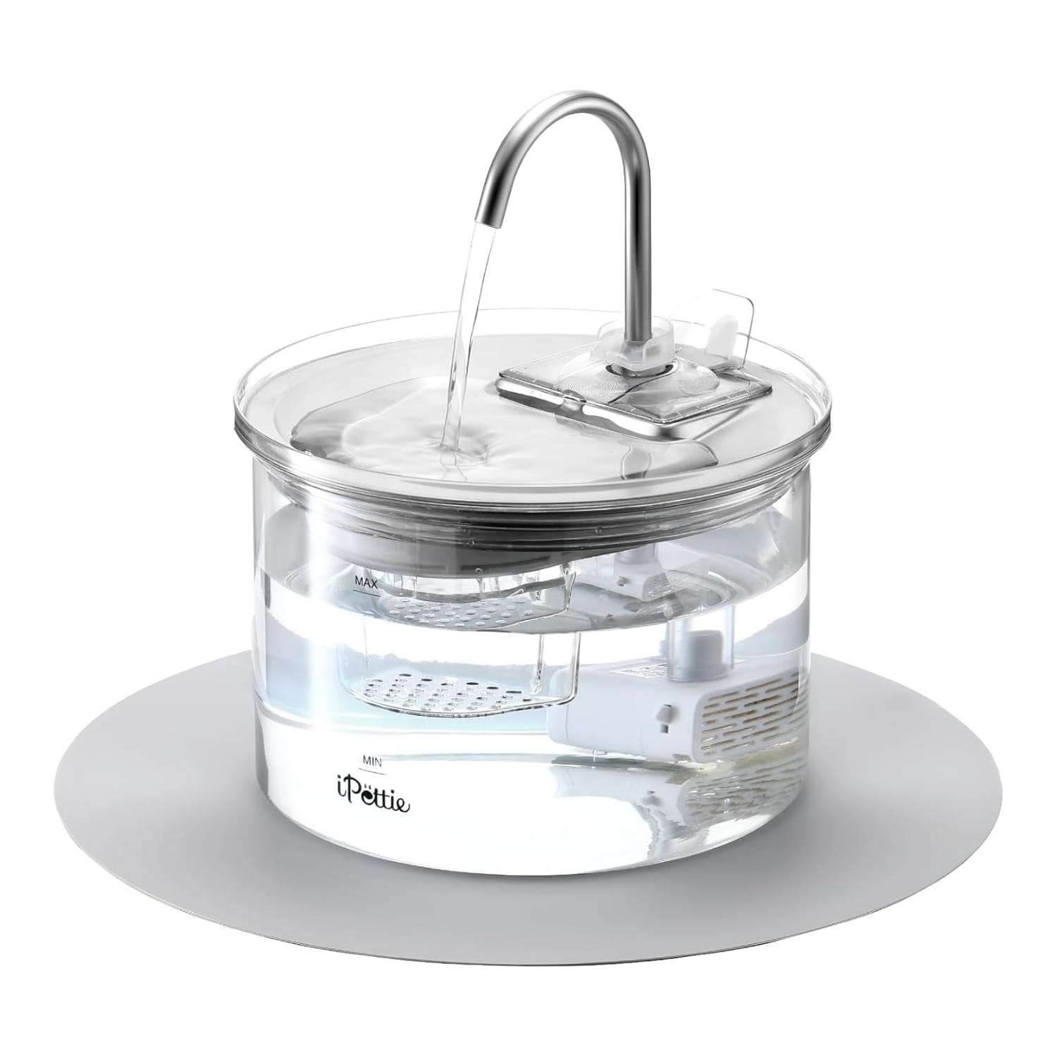 Fuente de agua de vidrio con bandeja de acero inoxidable de 2 litros para gatos tipo grifo y flujo ajustable.