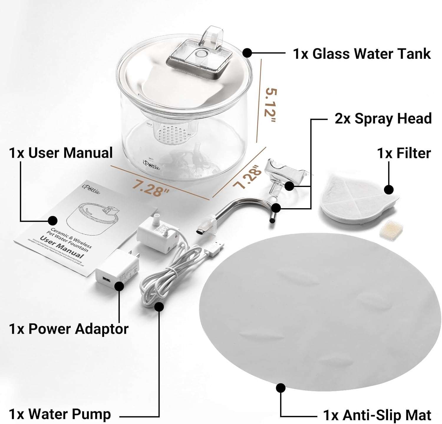 Fuente de agua de vidrio con bandeja de acero inoxidable de 2 litros para gatos tipo grifo y flujo ajustable.