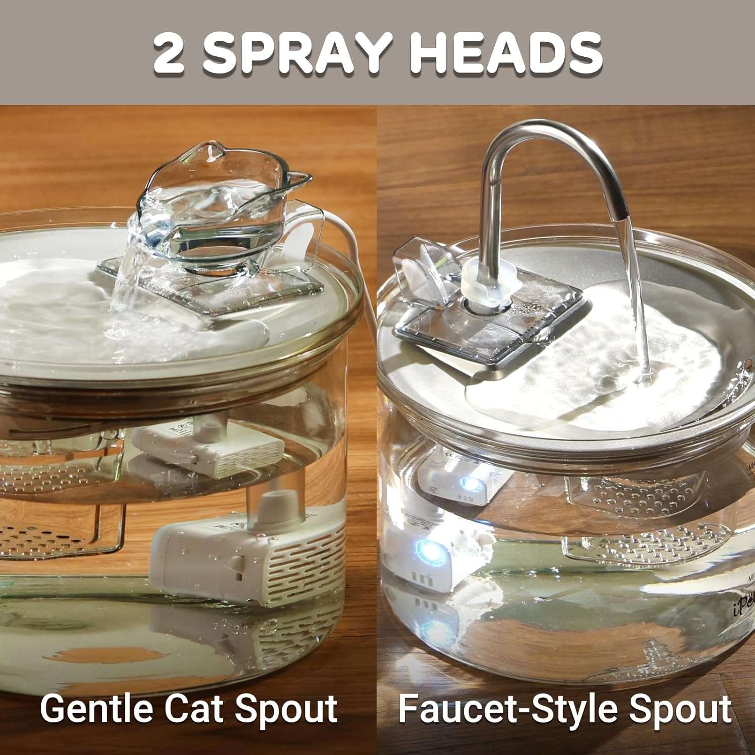 Fuente de agua de vidrio con bandeja de acero inoxidable de 2 litros para gatos tipo grifo y flujo ajustable.