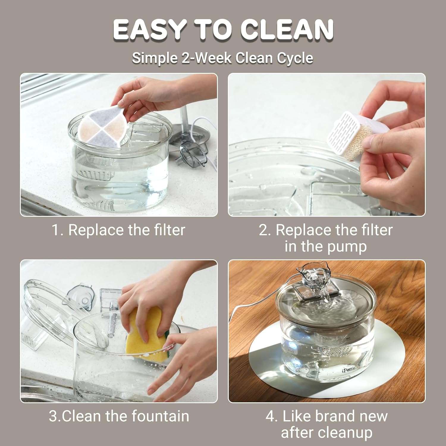 Fuente de agua de vidrio con bandeja de acero inoxidable de 2 litros para gatos tipo grifo y flujo ajustable.