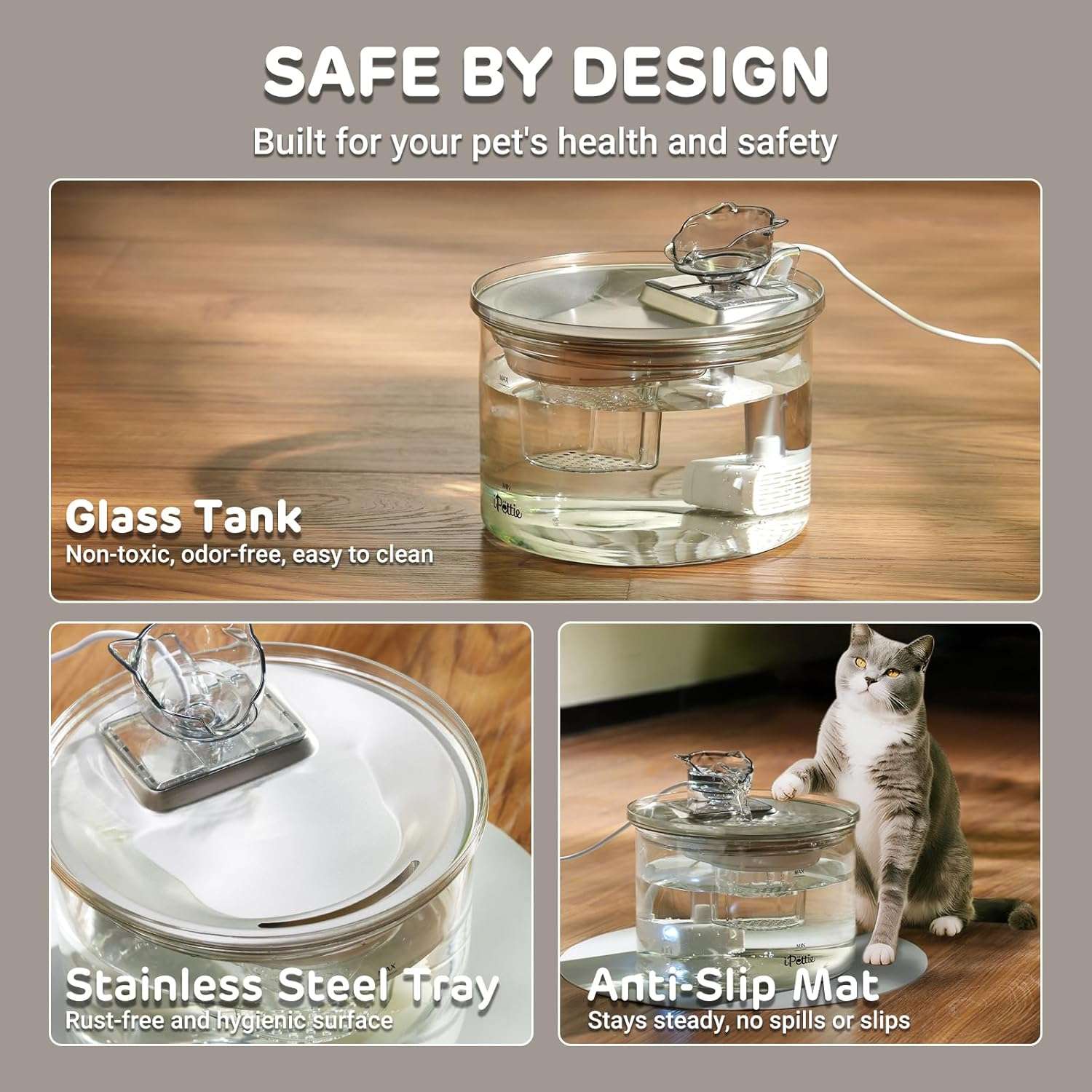 Fuente de agua de vidrio con bandeja de acero inoxidable de 2 litros para gatos tipo grifo y flujo ajustable.
