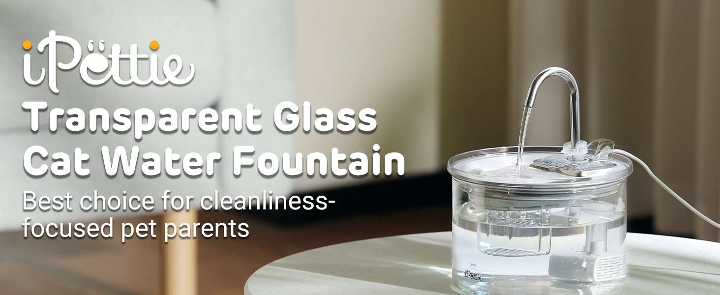 Fuente de agua de vidrio con bandeja de acero inoxidable de 2 litros para gatos tipo grifo y flujo ajustable.