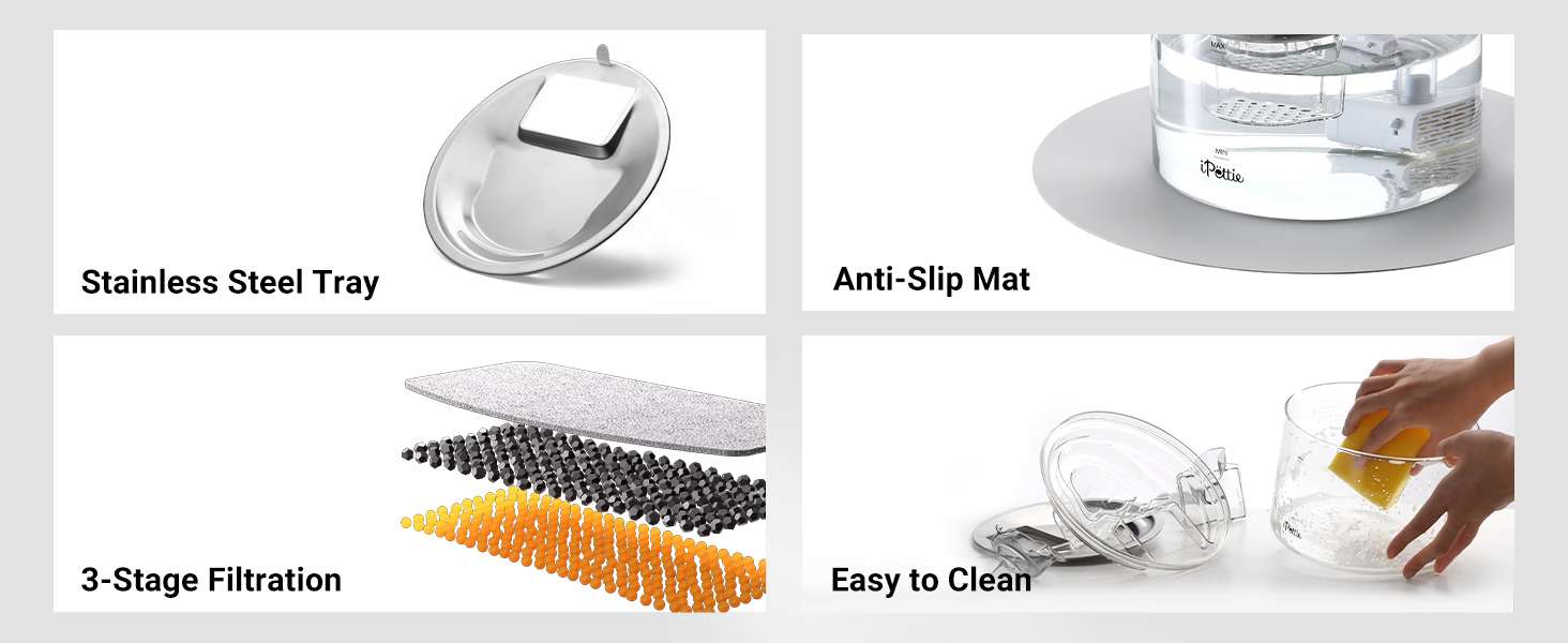 Fuente de agua de vidrio con bandeja de acero inoxidable de 2 litros para gatos tipo grifo y flujo ajustable.