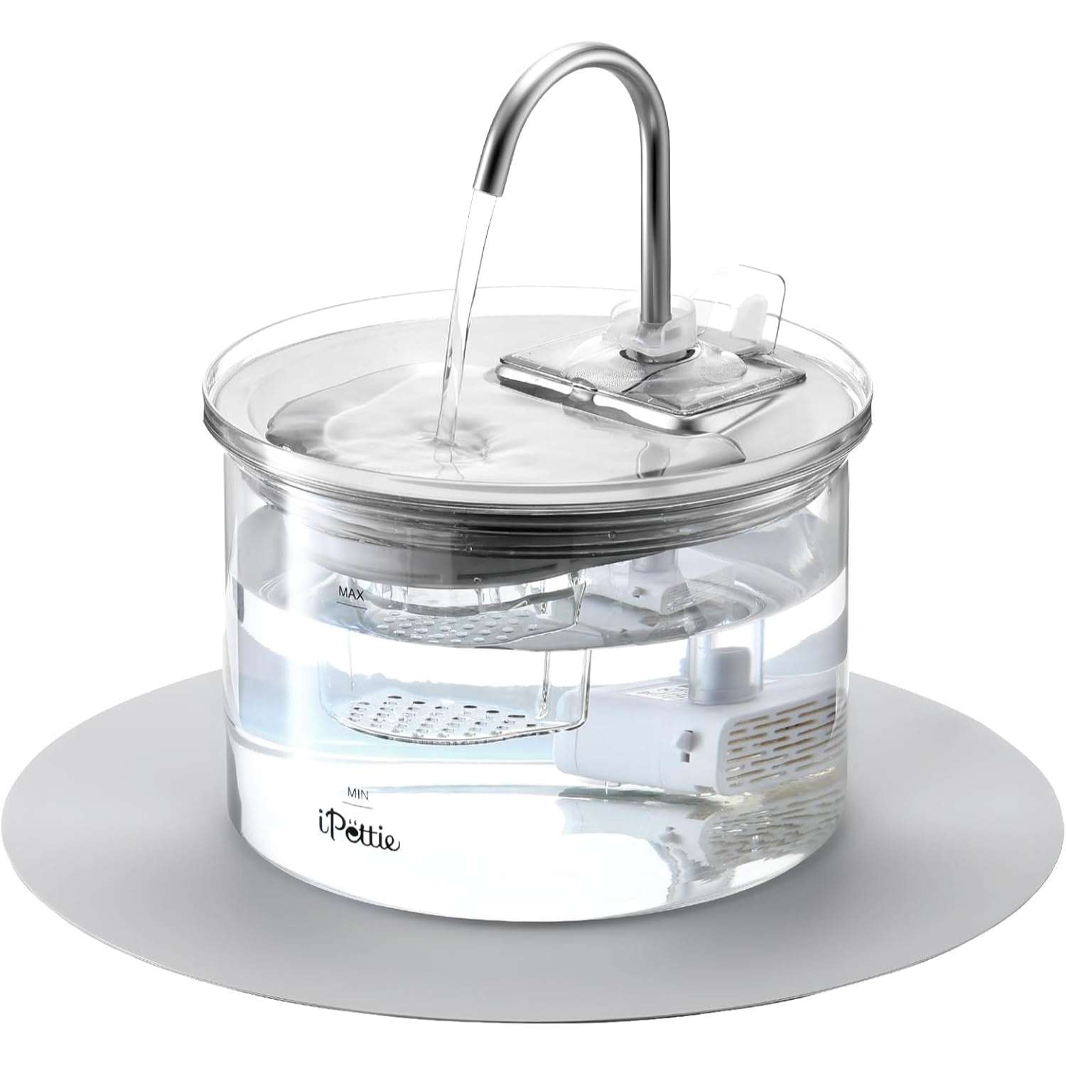 Fuente de agua de vidrio con bandeja de acero inoxidable de 2 litros para gatos tipo grifo y flujo ajustable.