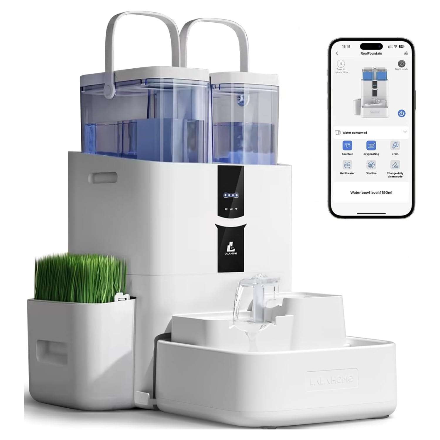 Fuente de agua inteligente Lalahome de 10 litros con WiFi 5G que separa el agua sucia y cultiva hierba gatera automaticamente.