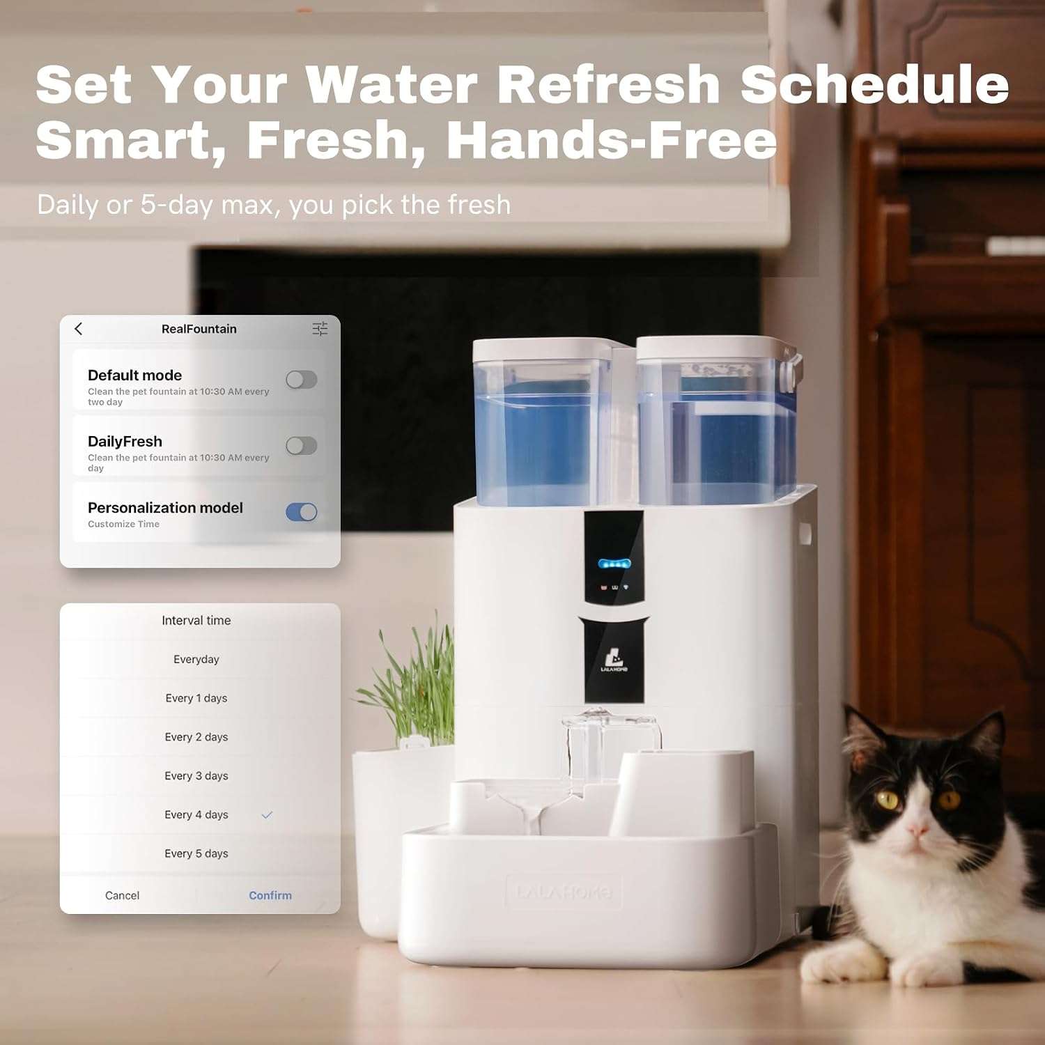 Fuente de agua inteligente Lalahome de 10 litros con WiFi 5G que separa el agua sucia y cultiva hierba gatera automaticamente.