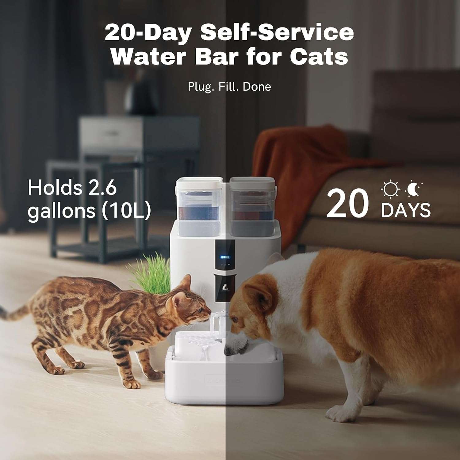 Fuente de agua inteligente Lalahome de 10 litros con WiFi 5G que separa el agua sucia y cultiva hierba gatera automaticamente.