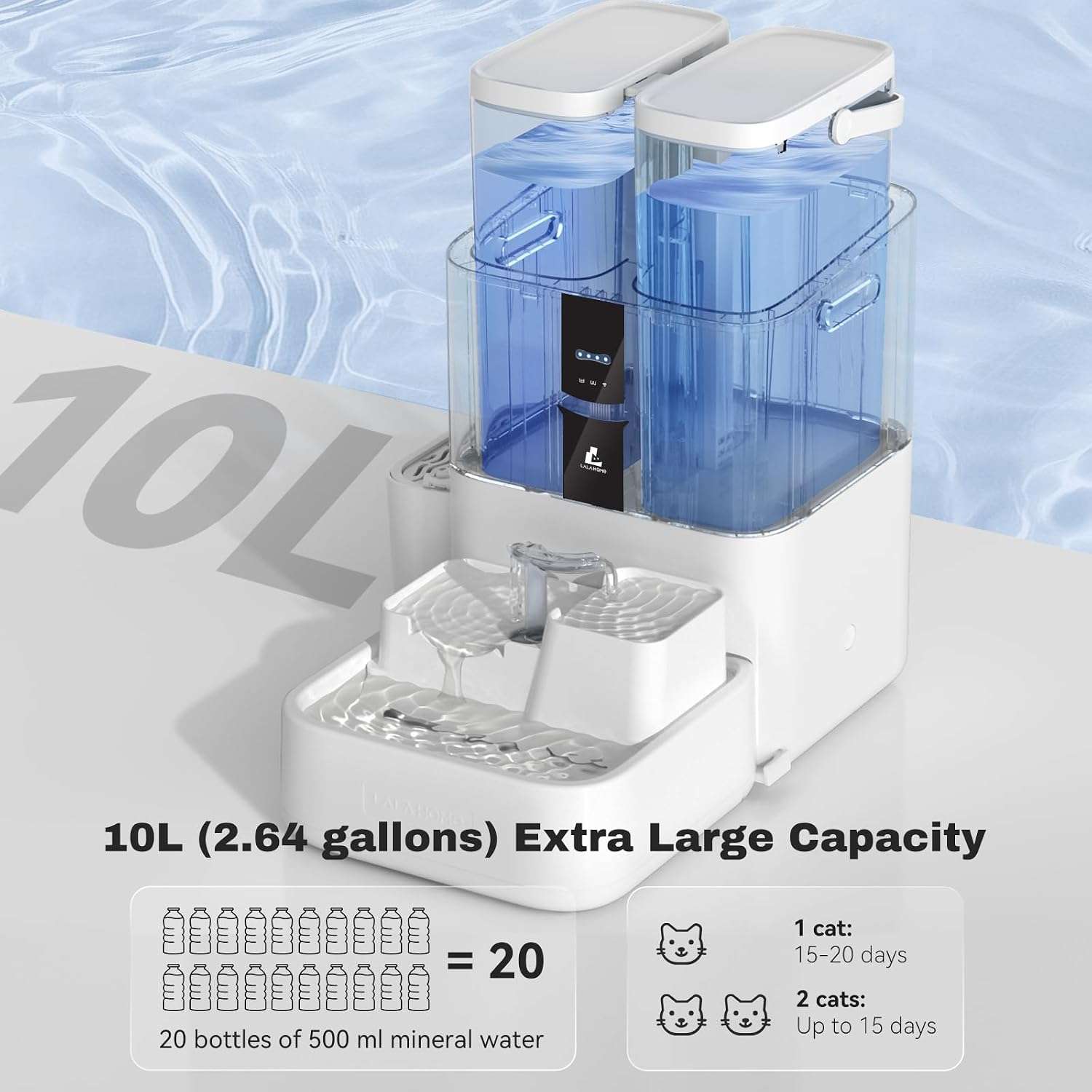 Fuente de agua inteligente Lalahome de 10 litros con WiFi 5G que separa el agua sucia y cultiva hierba gatera automaticamente.