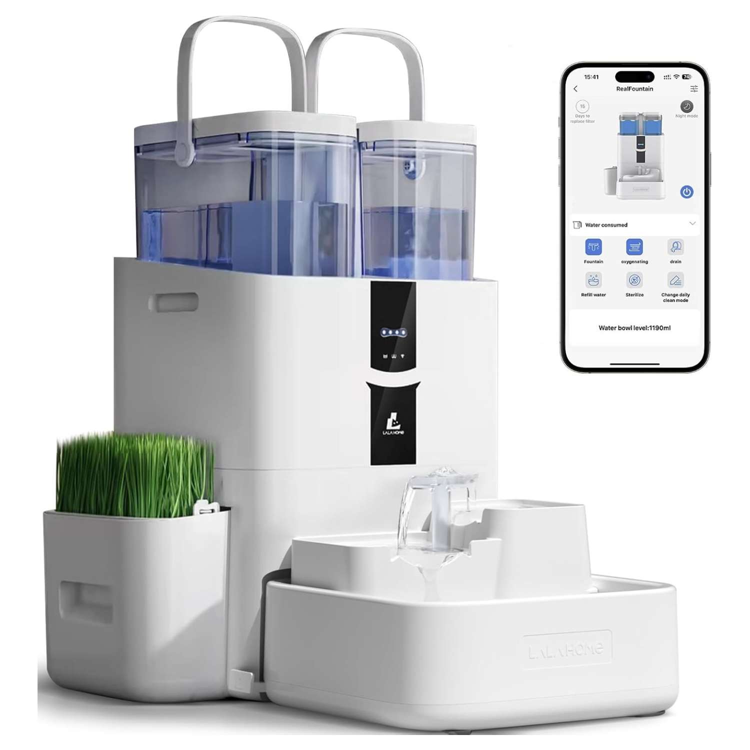 Fuente de agua inteligente Lalahome de 10 litros con WiFi 5G que separa el agua sucia y cultiva hierba gatera automaticamente.