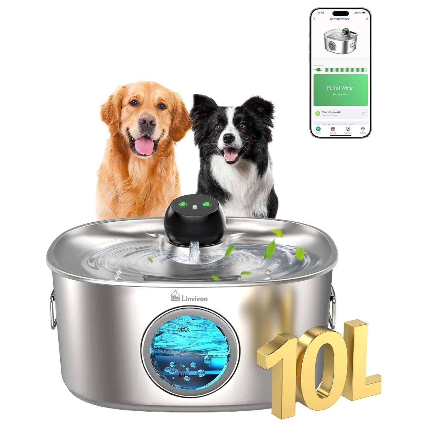 Fuente de agua inteligente WiFi de 10 litros para perros y gatos con control por aplicacion movil y motor silencioso sin escobillas.