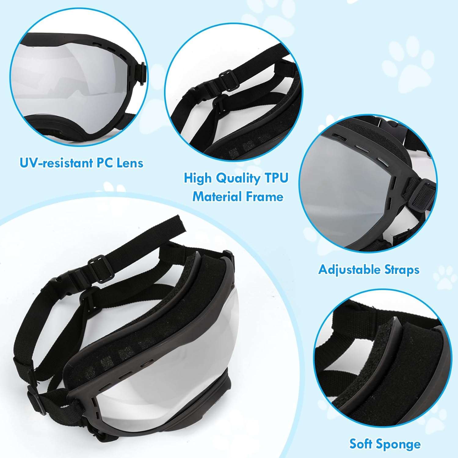 Gafas antiparras inastillables para perros grandes con sistema de triple correa ajustable.