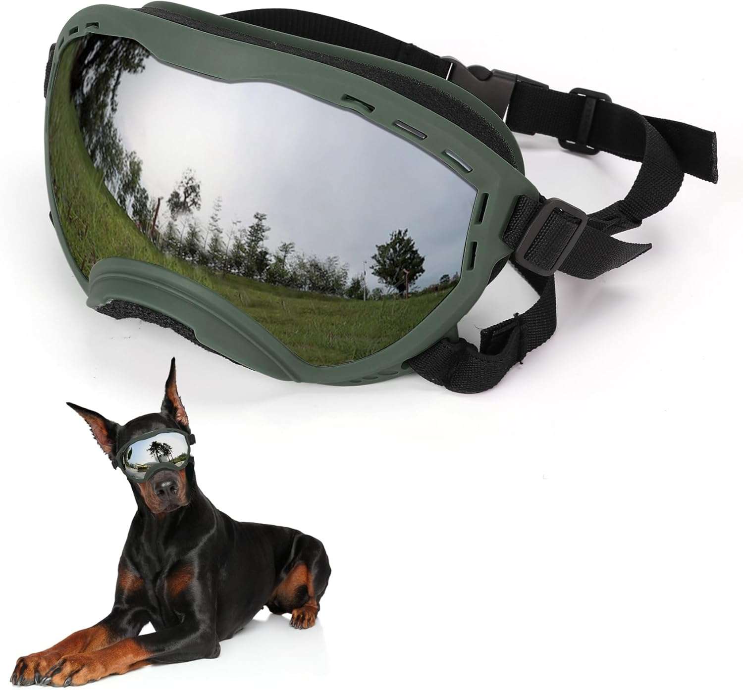 Gafas antiparras inastillables para perros grandes con sistema de triple correa ajustable.