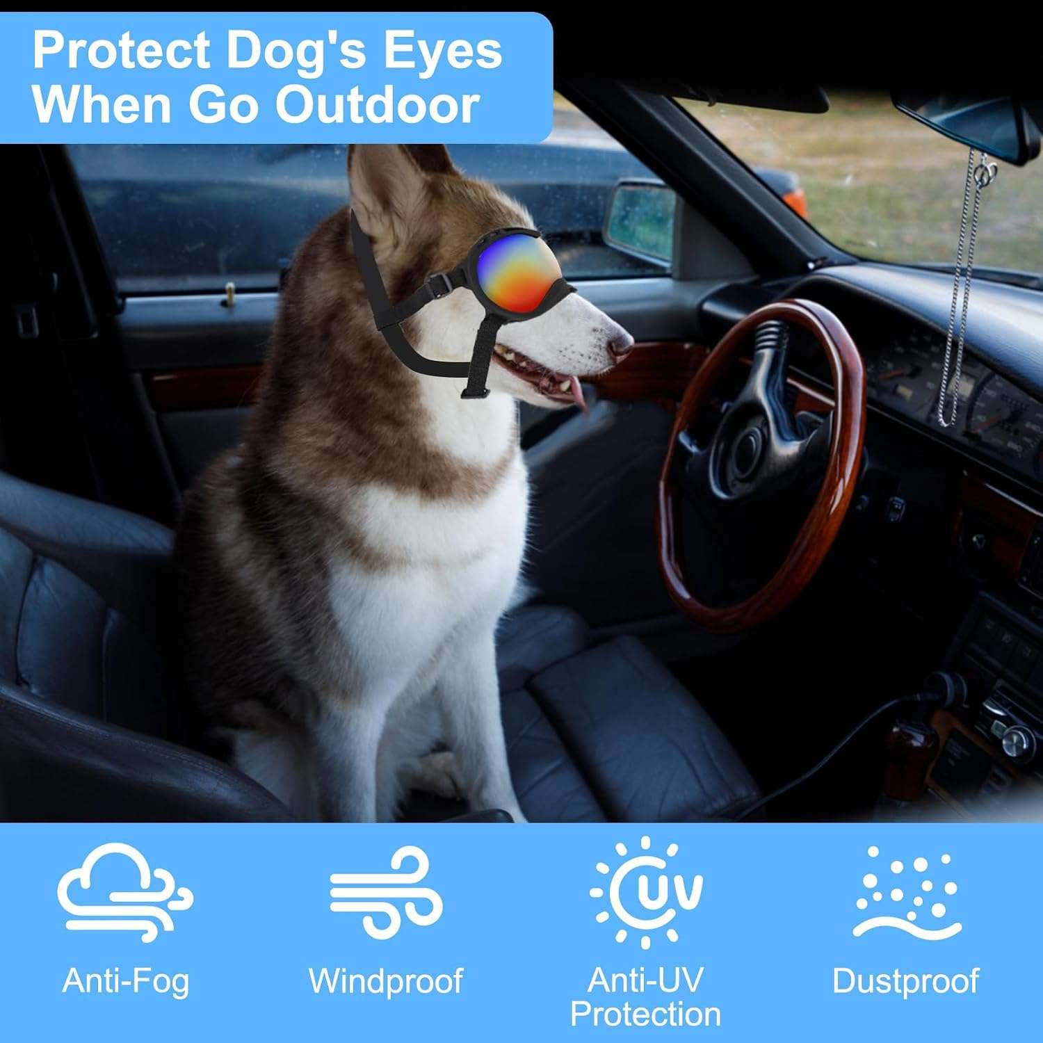 Gafas antiparras para perros grandes con proteccion UV y lentes antivaho ajustables.