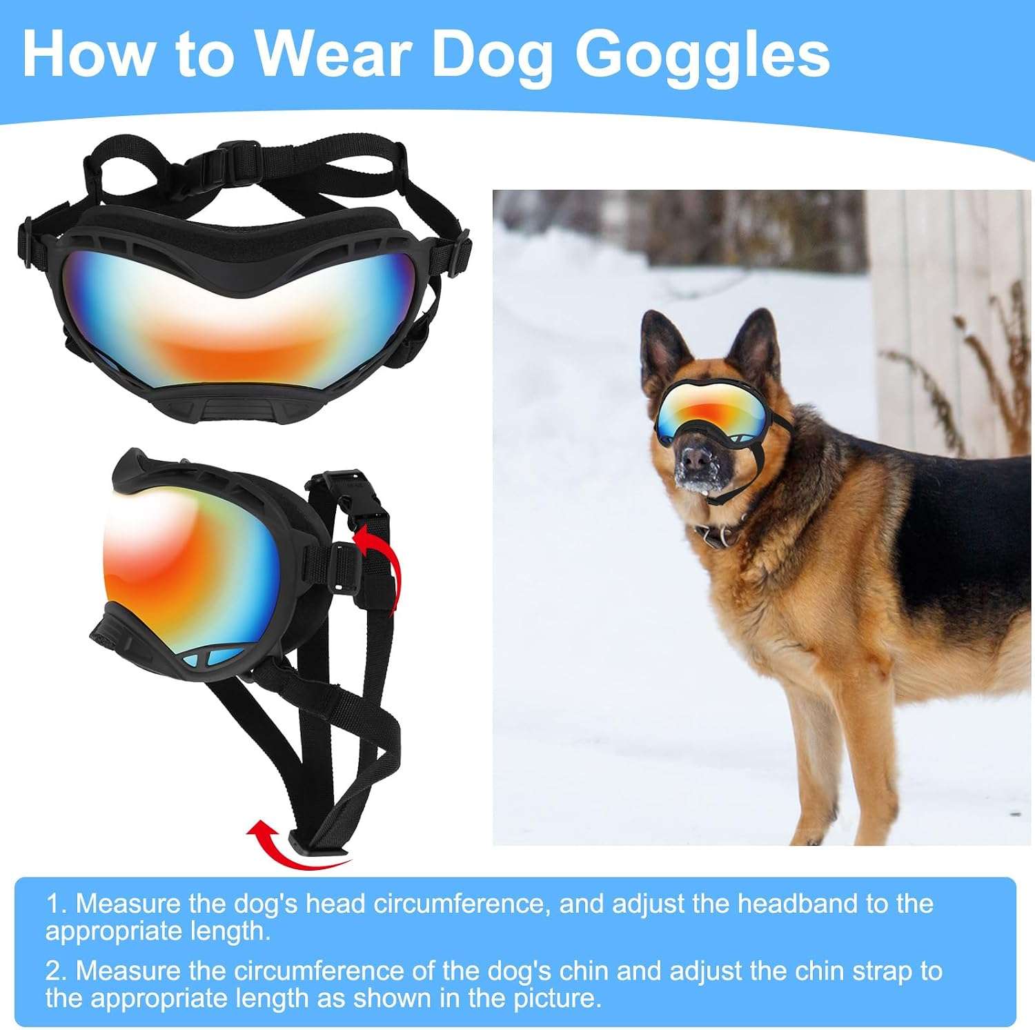 Gafas antiparras para perros grandes con proteccion UV y lentes antivaho ajustables.