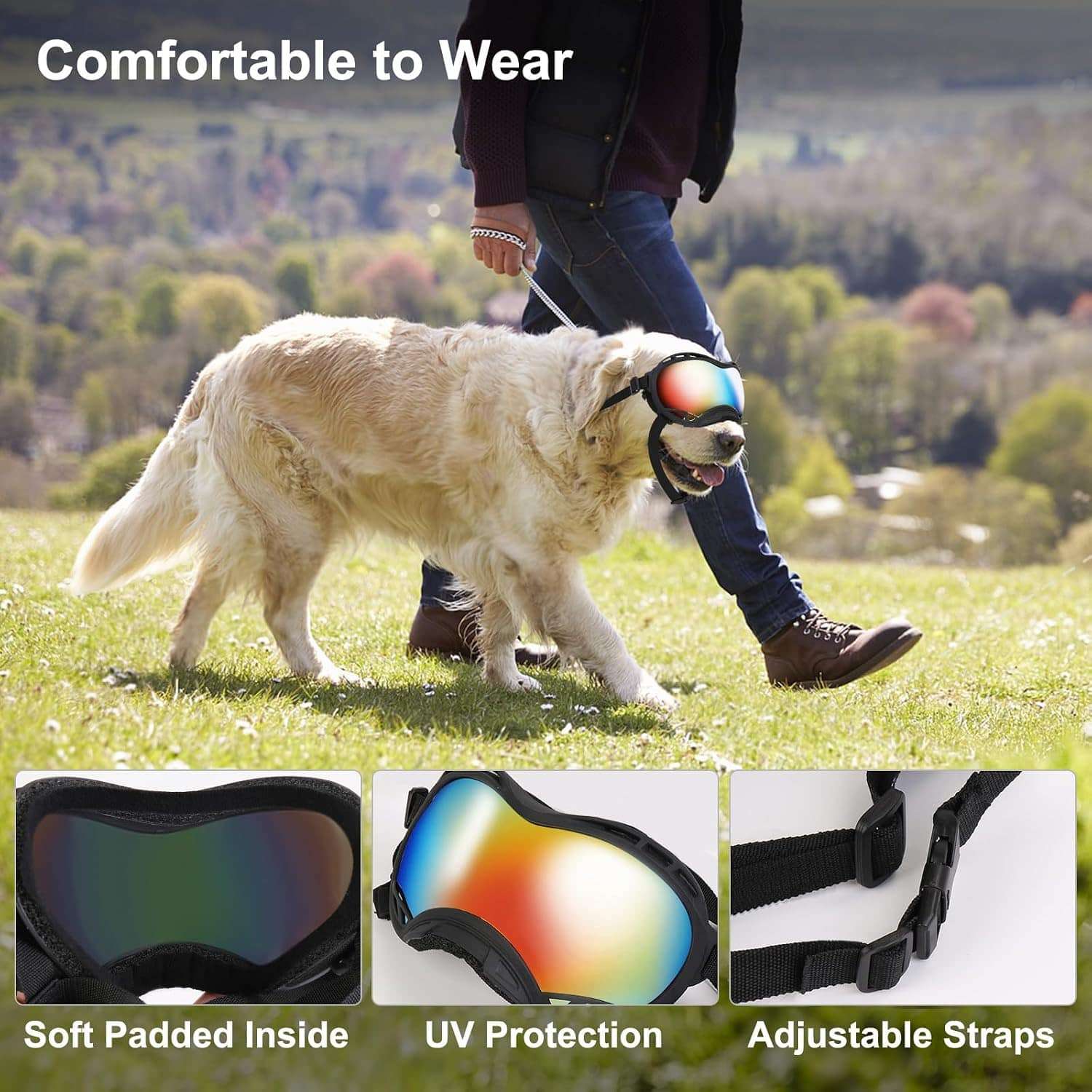 Gafas antiparras para perros grandes con proteccion UV y lentes antivaho ajustables.