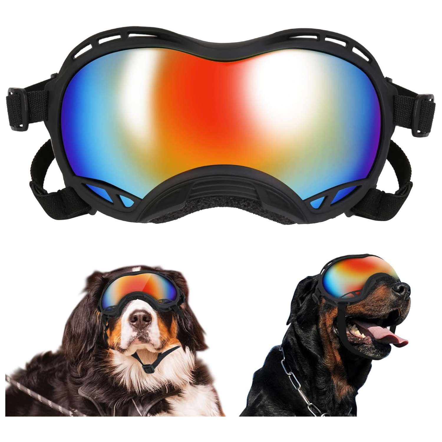 Gafas antiparras para perros grandes con proteccion UV y lentes antivaho ajustables.