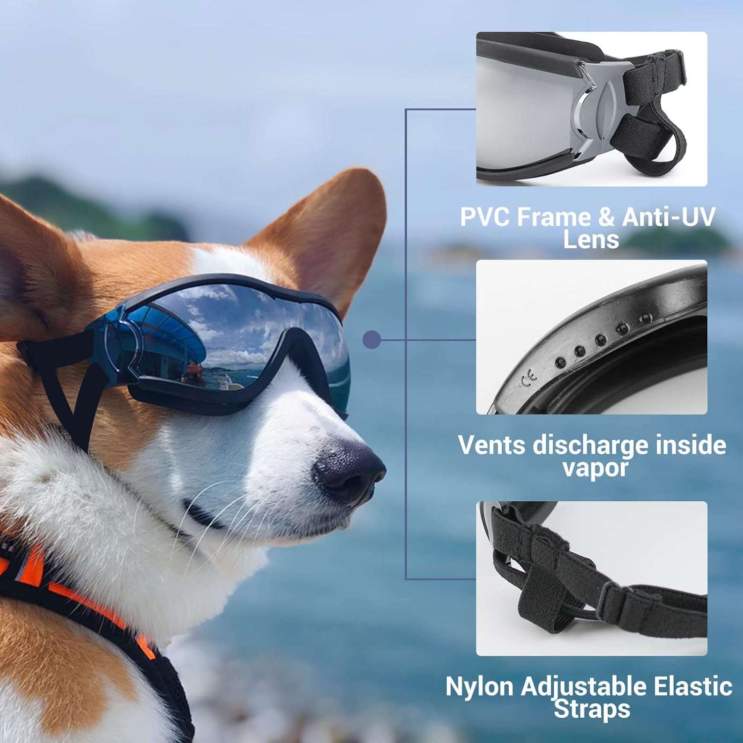 Gafas antiparras para perros medianos y grandes con proteccion UV y sistema antivaho.