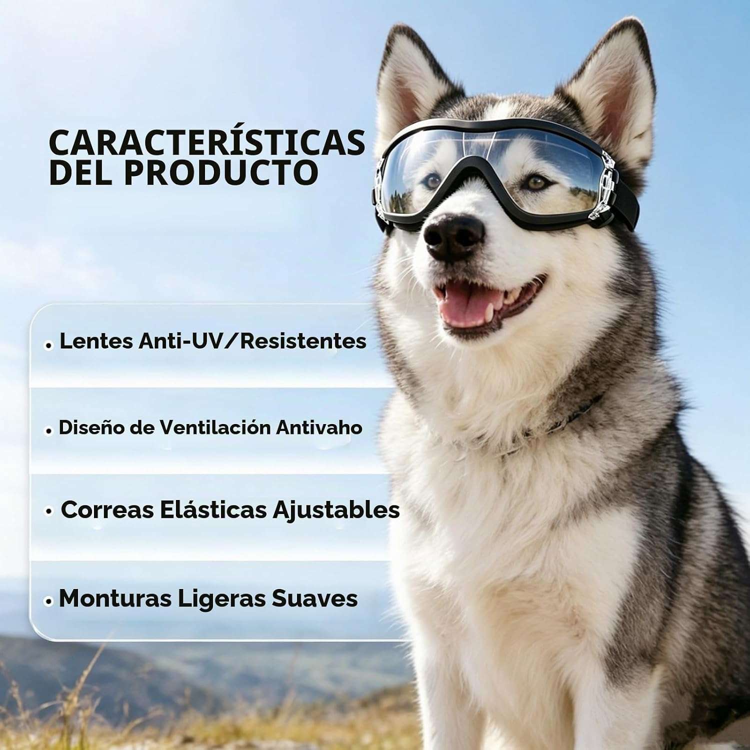 Gafas antiparras para perros medianos y grandes con proteccion UV y sistema antivaho.