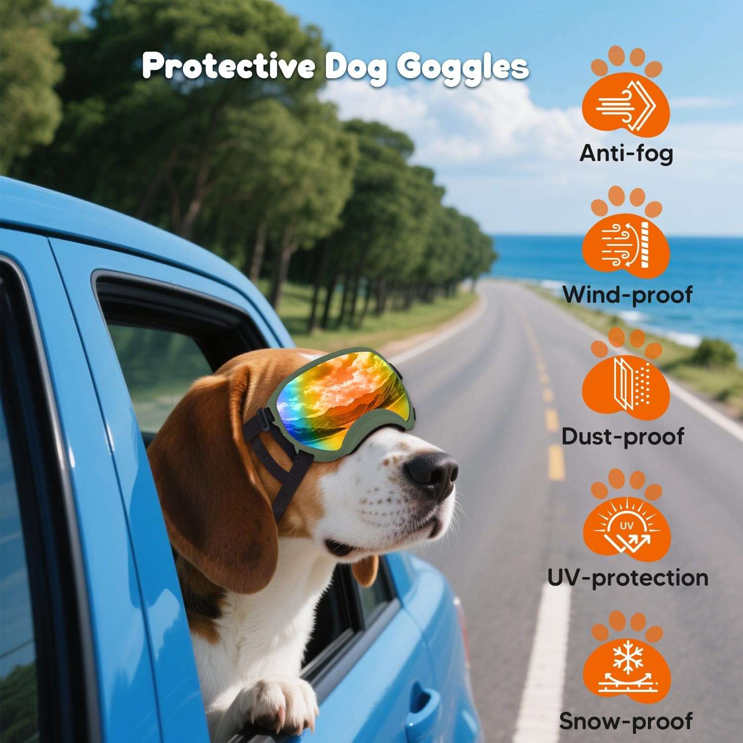 Gafas de sol para perros grandes y medianos con filtro UV400 ajustables para moto y playa.