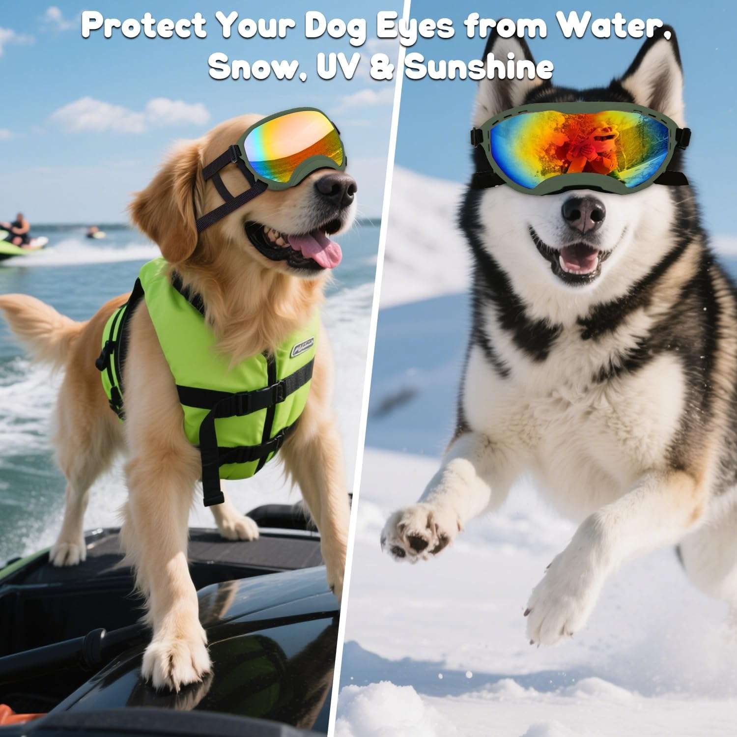 Gafas de sol para perros grandes y medianos con filtro UV400 ajustables para moto y playa.
