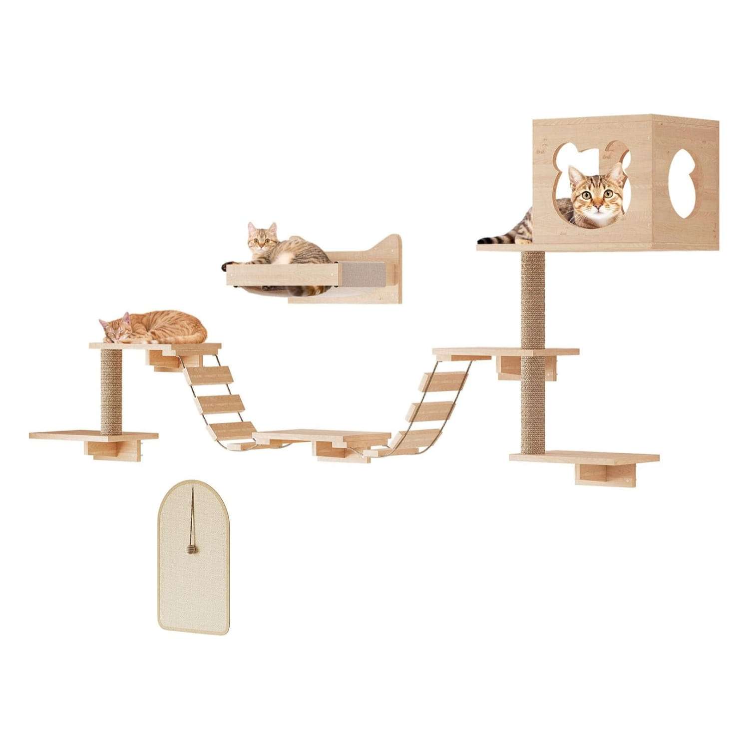 Set de gimnasio de pared para gatos de 13 piezas de madera pino pintable. Diseño modular con escalera rascador y estantes personalizables.