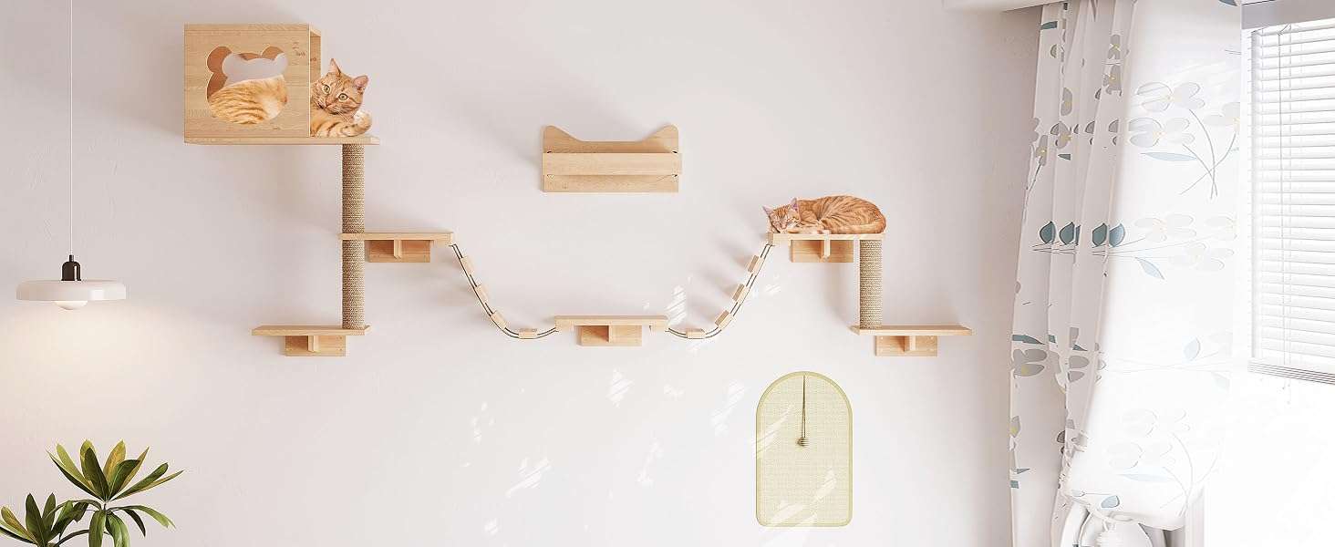 Set de gimnasio de pared para gatos de 13 piezas de madera pino pintable. Diseño modular con escalera rascador y estantes personalizables.