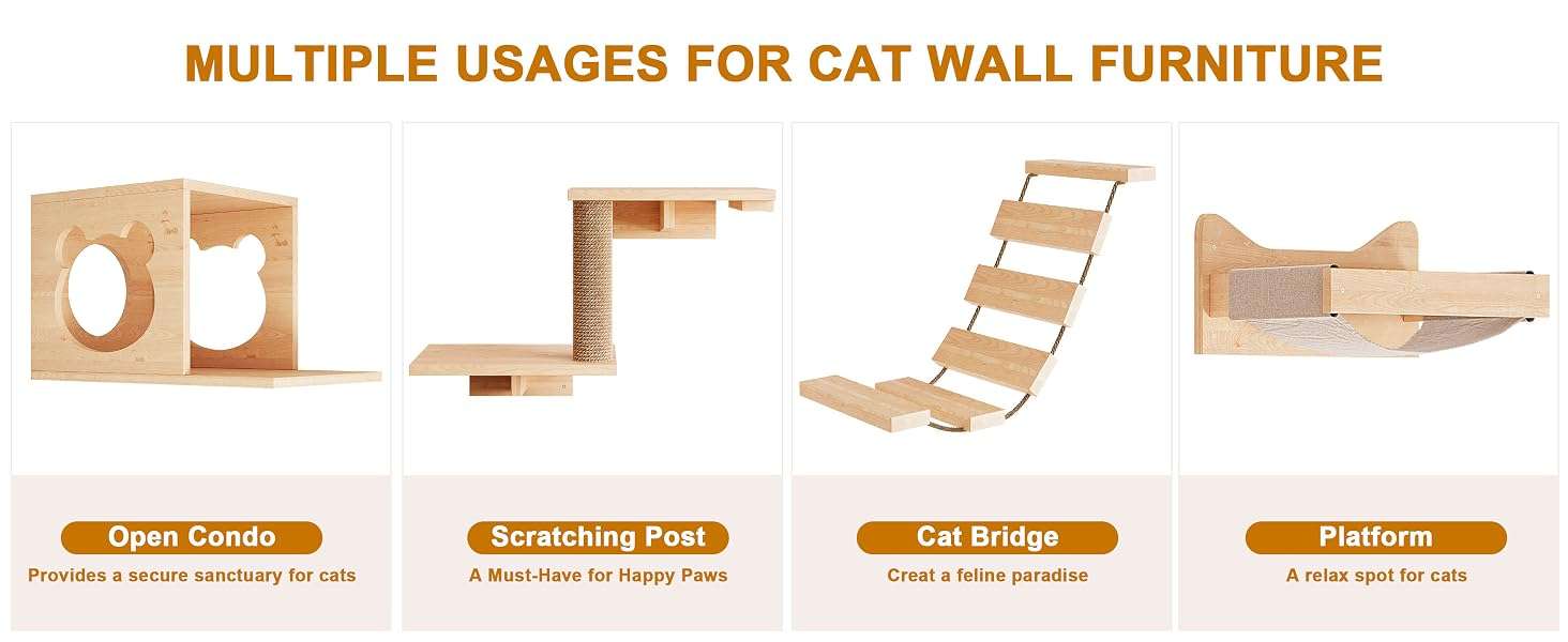 Set de gimnasio de pared para gatos de 13 piezas de madera pino pintable. Diseño modular con escalera rascador y estantes personalizables.