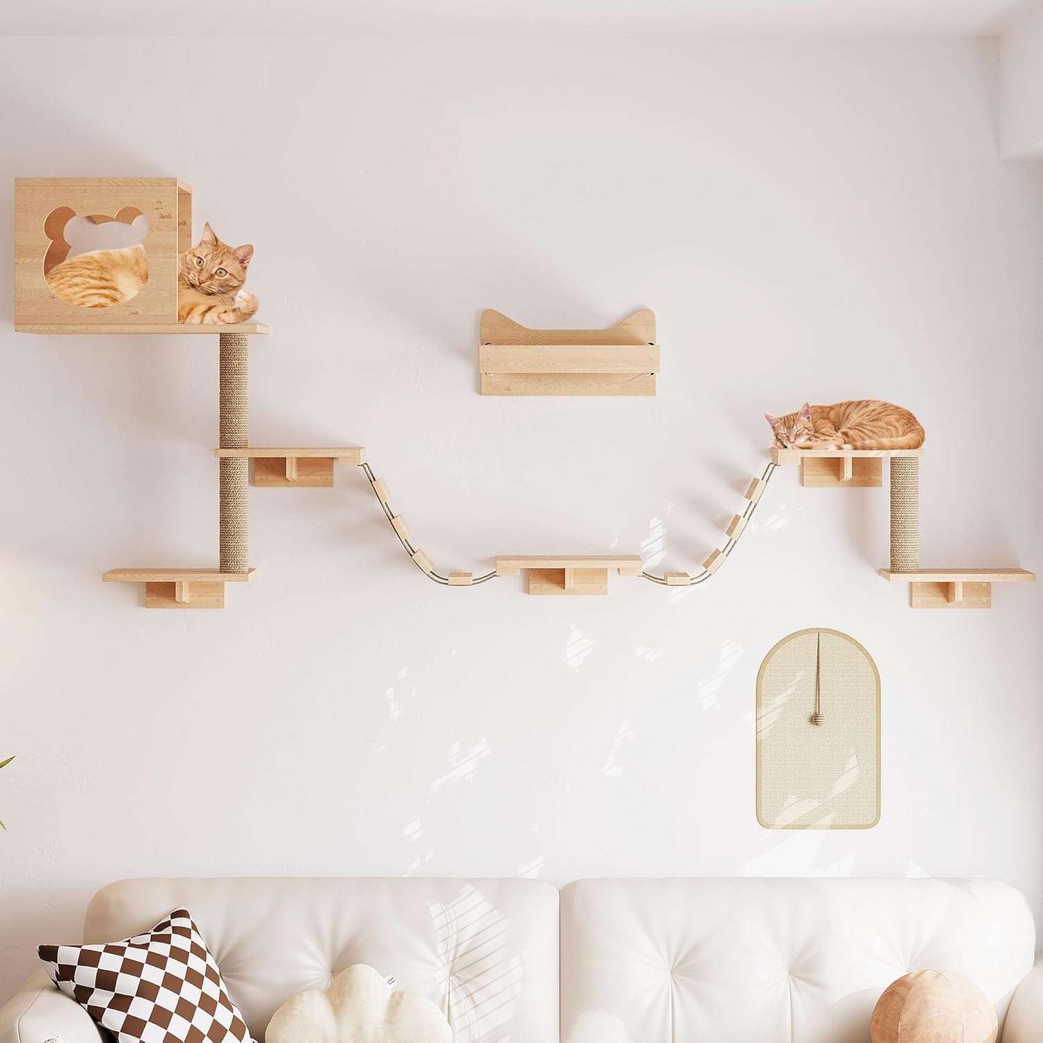 Set de gimnasio de pared para gatos de 13 piezas de madera pino pintable. Diseño modular con escalera rascador y estantes personalizables.