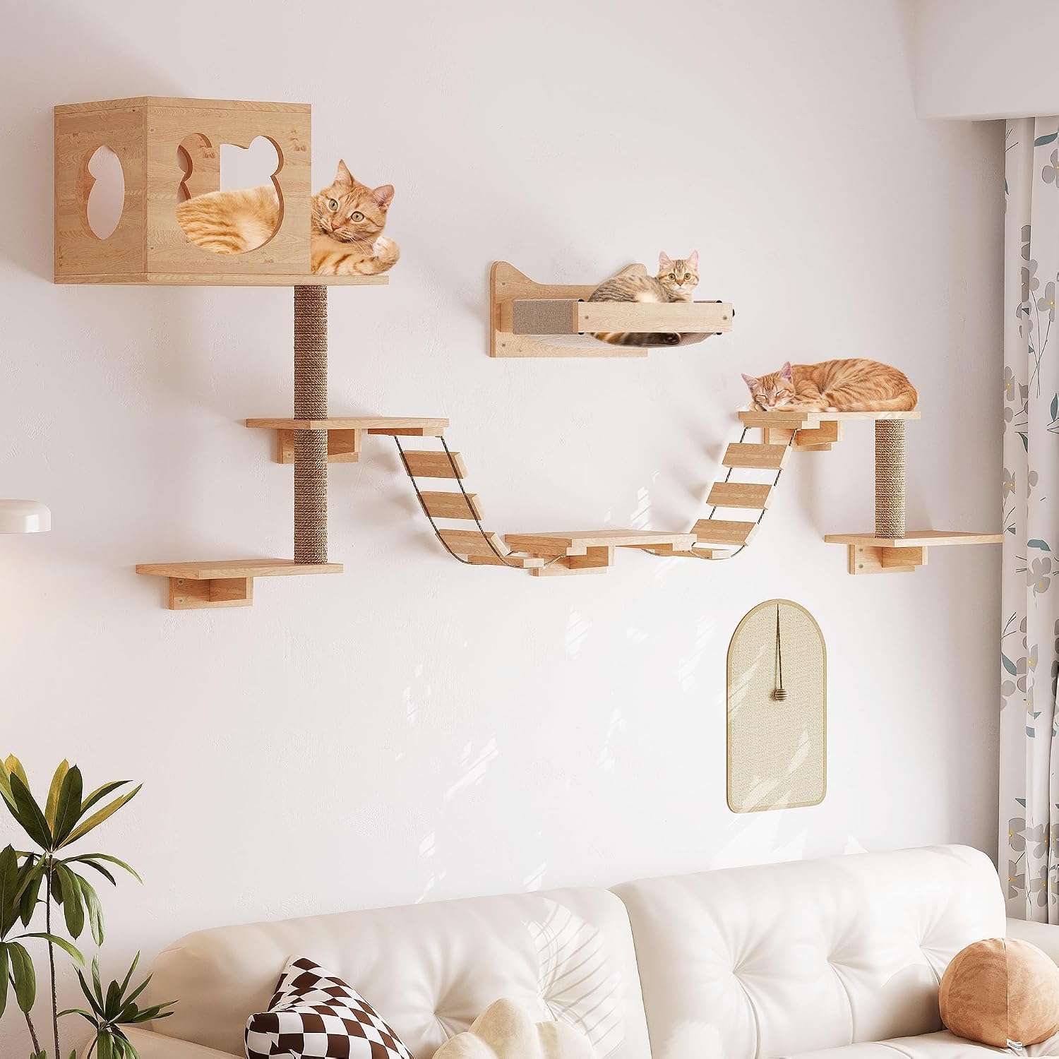 Set de gimnasio de pared para gatos de 13 piezas de madera pino pintable. Diseño modular con escalera rascador y estantes personalizables.