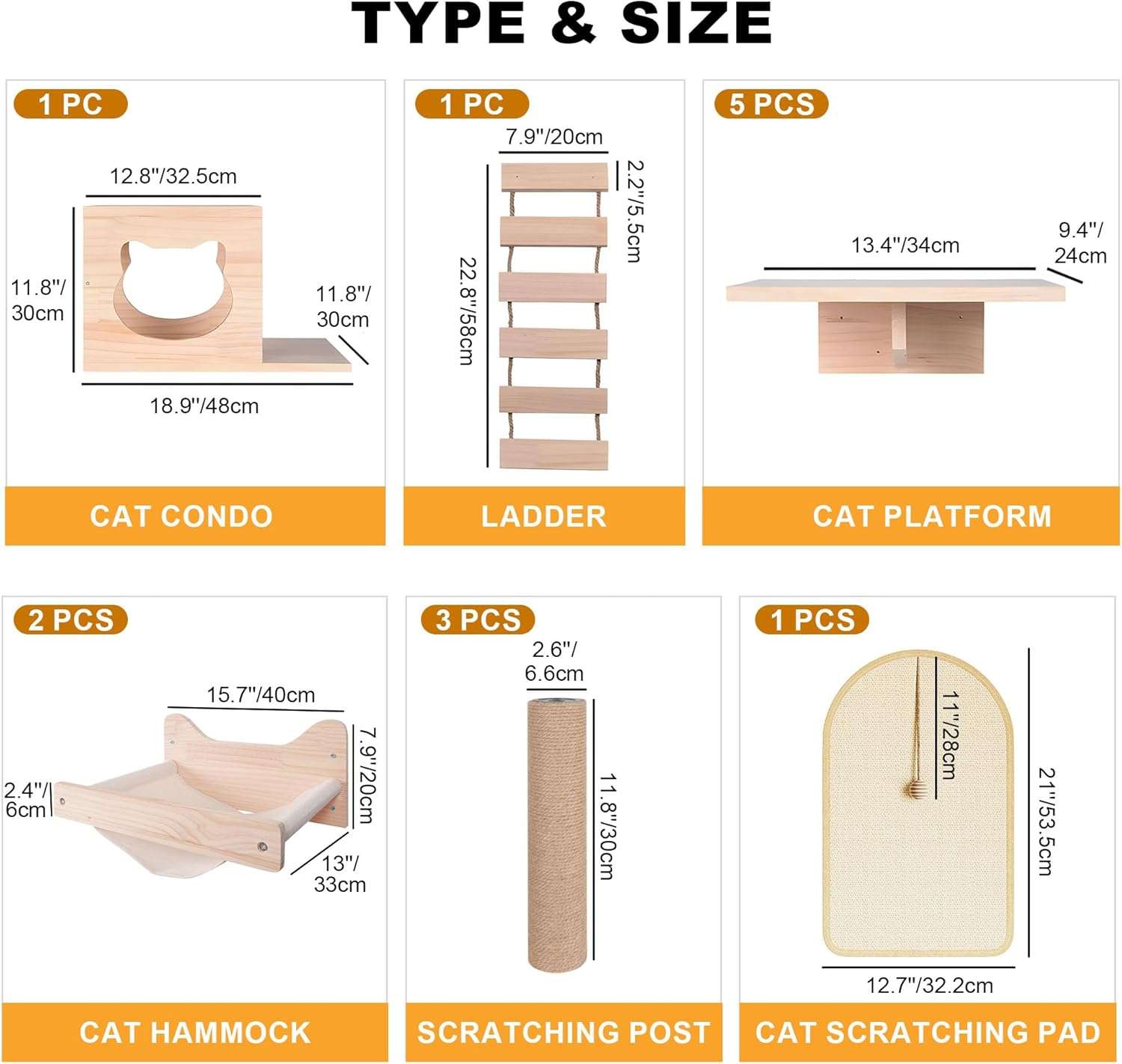 Set de gimnasio de pared para gatos de 13 piezas de madera pino pintable. Diseño modular con escalera rascador y estantes personalizables.