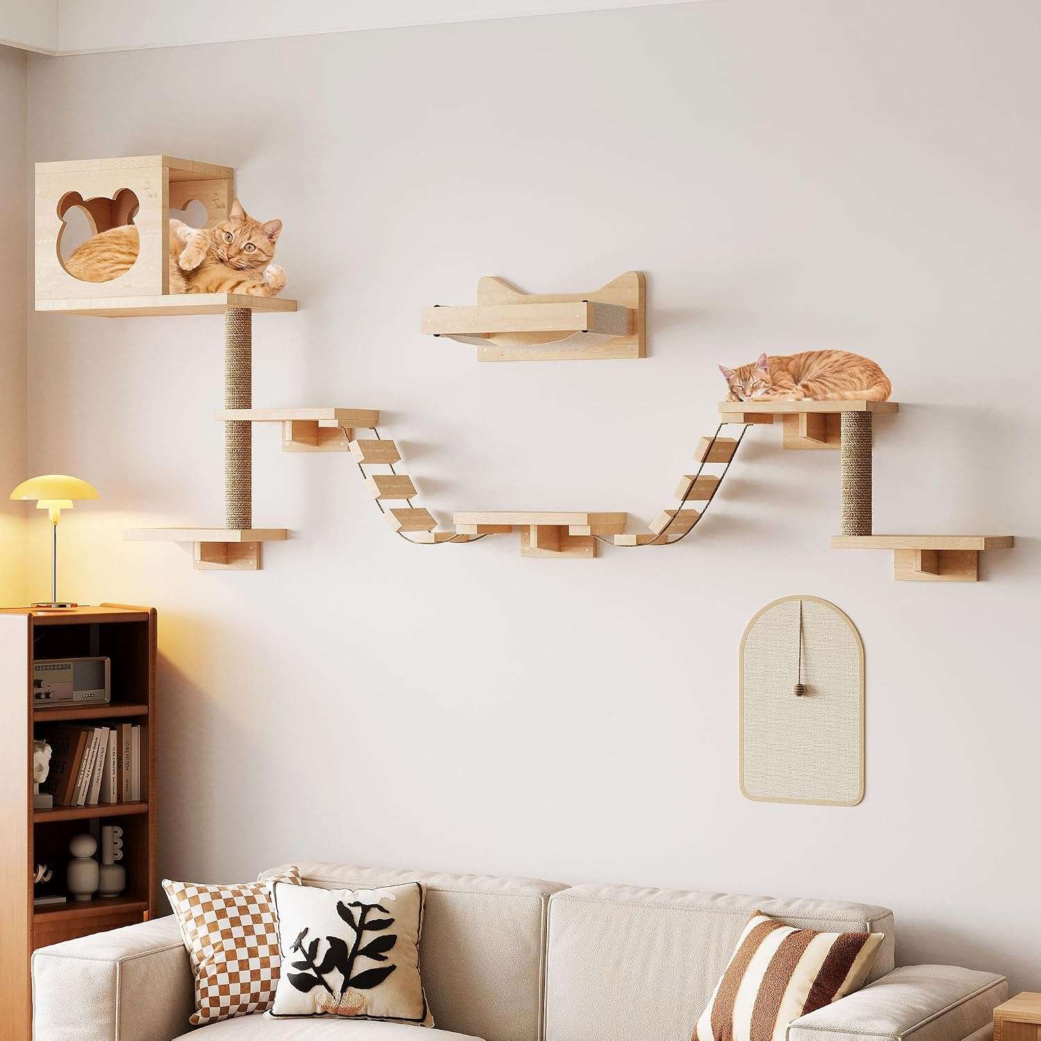 Set de gimnasio de pared para gatos de 13 piezas de madera pino pintable. Diseño modular con escalera rascador y estantes personalizables.