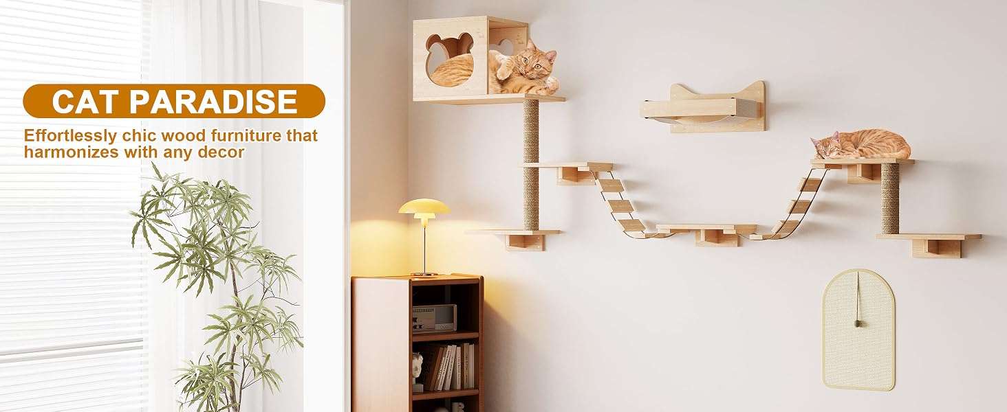 Set de gimnasio de pared para gatos de 13 piezas de madera pino pintable. Diseño modular con escalera rascador y estantes personalizables.