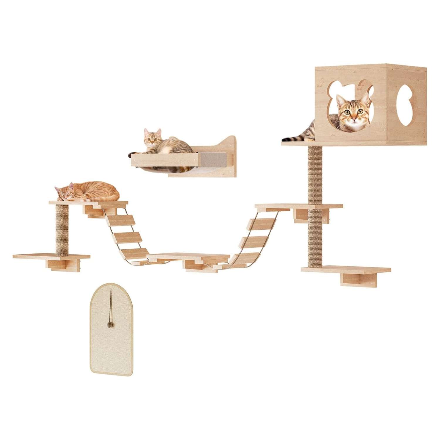 Set de gimnasio de pared para gatos de 13 piezas de madera pino pintable. Diseño modular con escalera rascador y estantes personalizables.