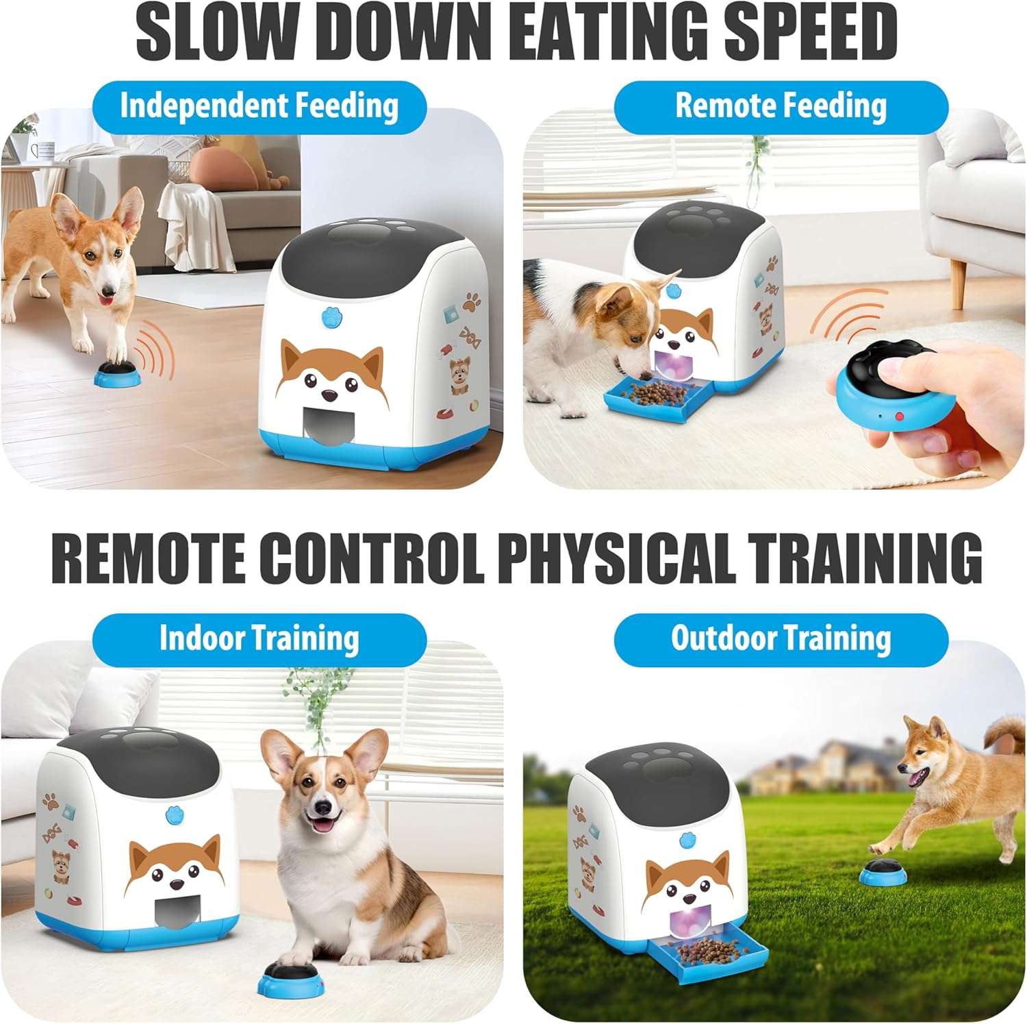 Juguete de inteligencia blanco para perros con control remoto de 45 metros dispensador de premios silencioso y luz LED nocturna.